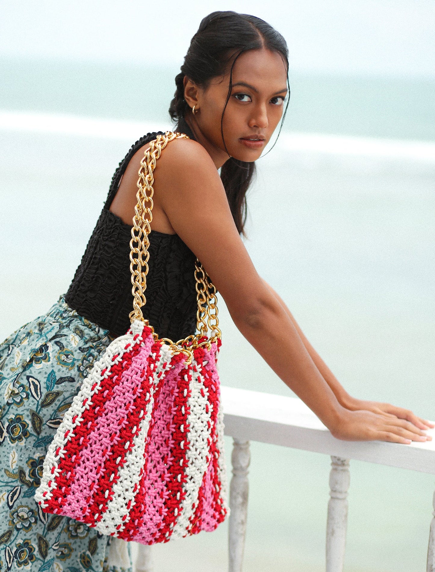 COLETTE Macrame Beach Bag In Pink & Red