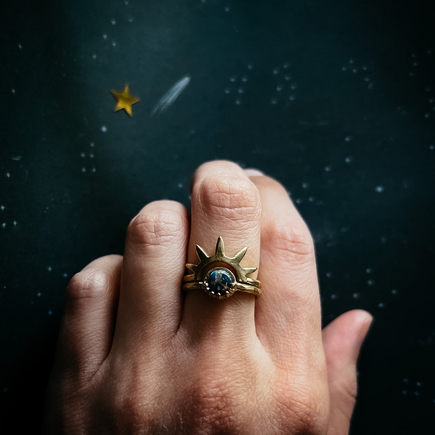 Dark Before the Dawn Sunburst Ring with Copper Lapis Lazuli