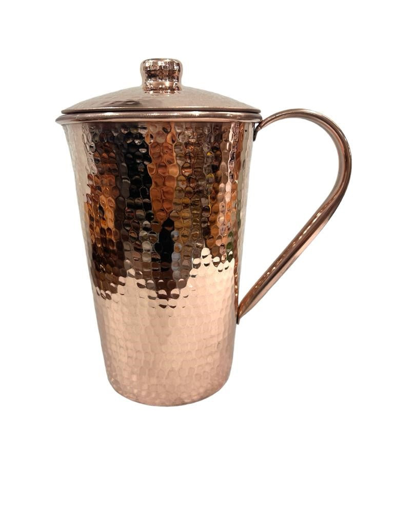 Set of One Copper Pitcher with Top and Four Tumblers, Hammered and Shiny Finish