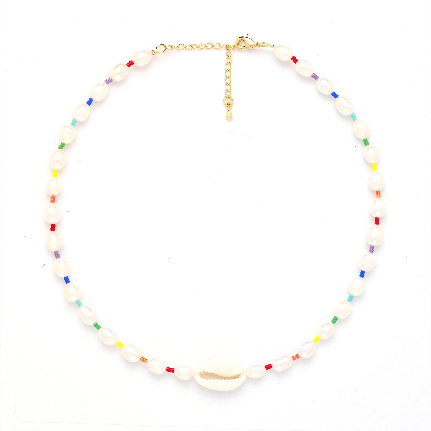 Freshwater Pearl Cowrie Shell Rainbow Choker