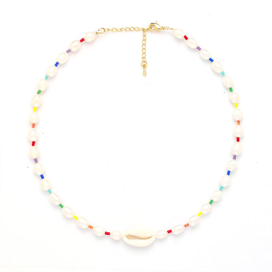 Freshwater Pearl Cowrie Shell Rainbow Choker