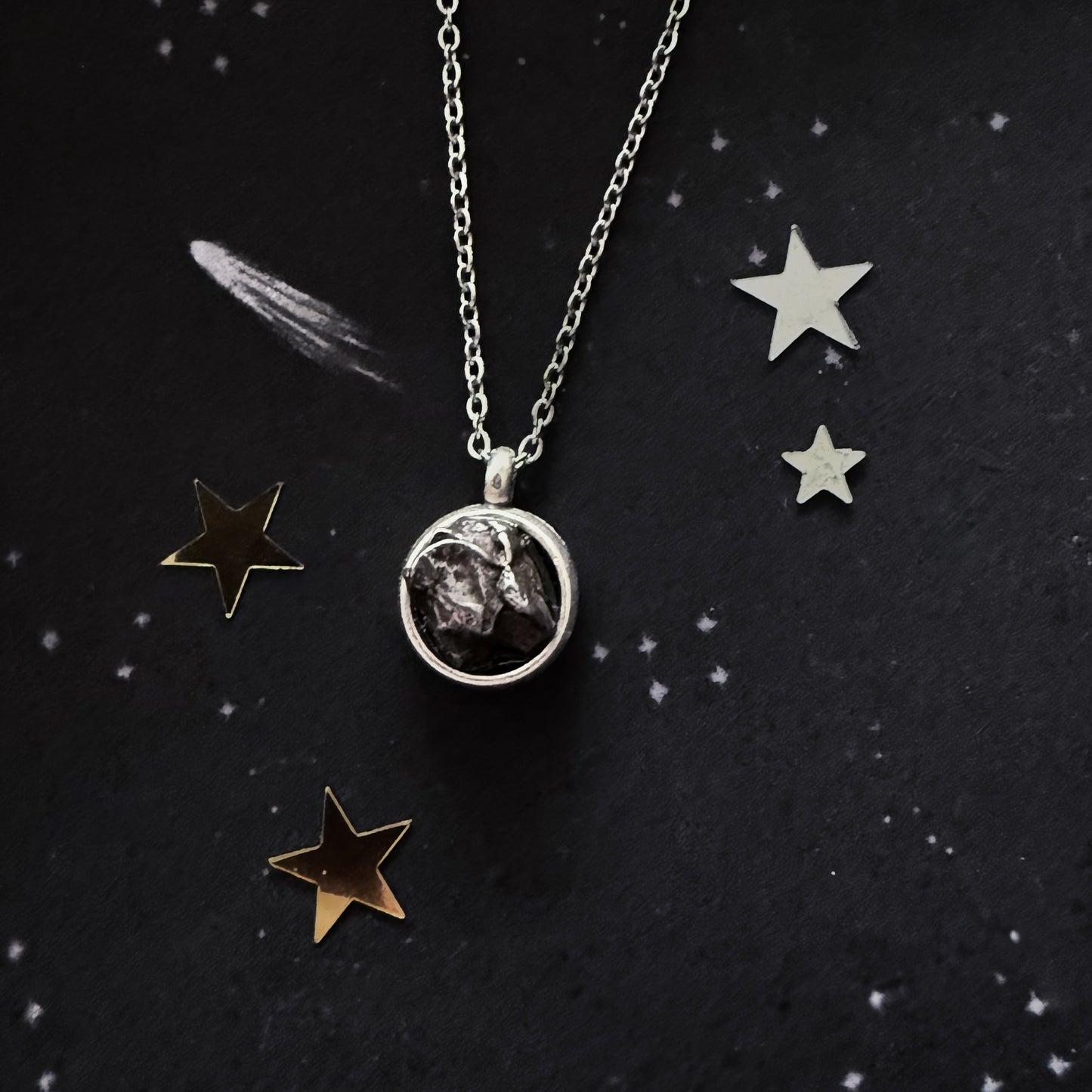 Small Round Meteorite Pendant Necklace in Matte Brushed Silver