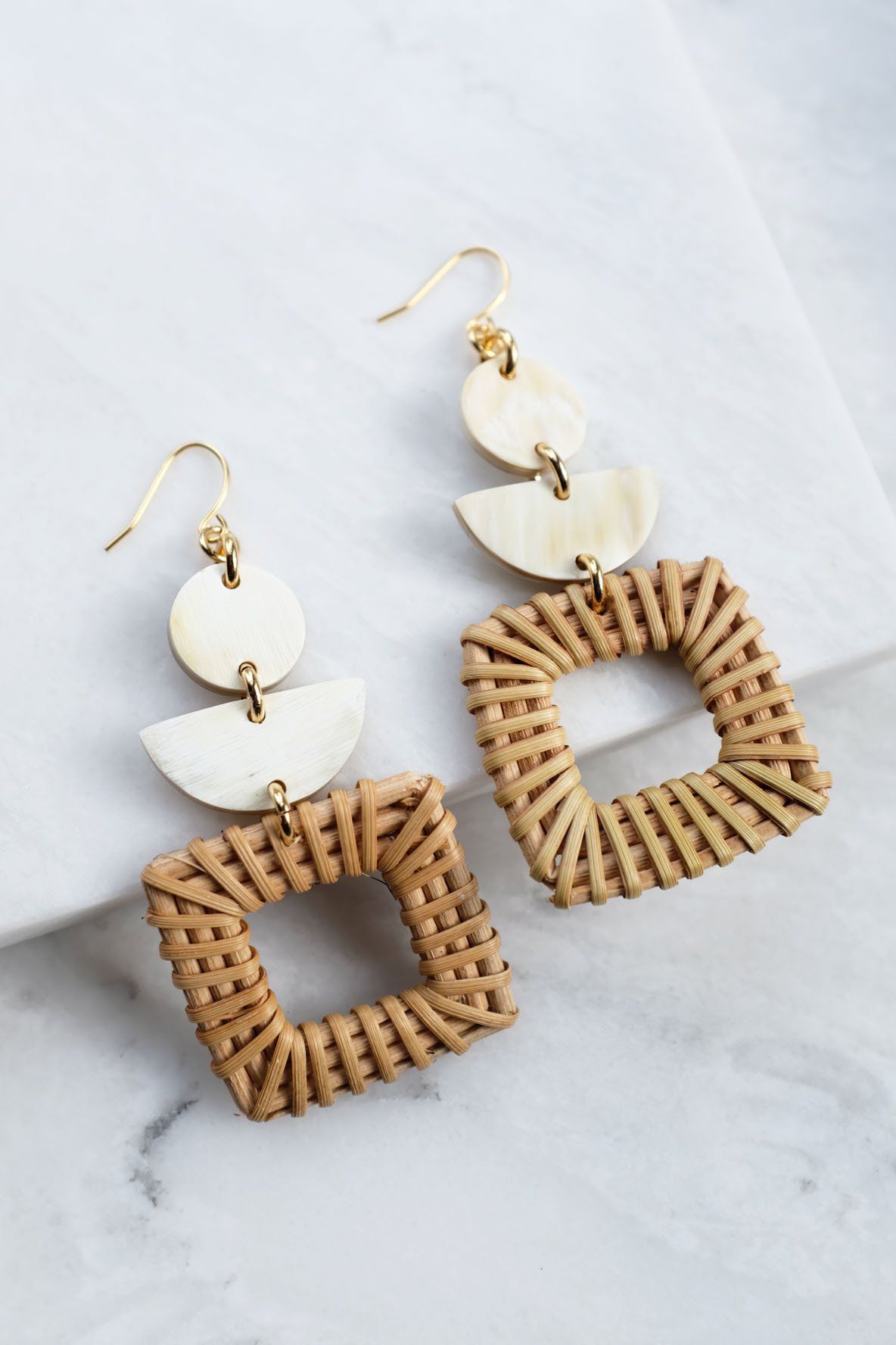Tu 16K Gold-Plated Brass Buffalo Horn & Rattan/Wicker Square Geo Statement Earrings