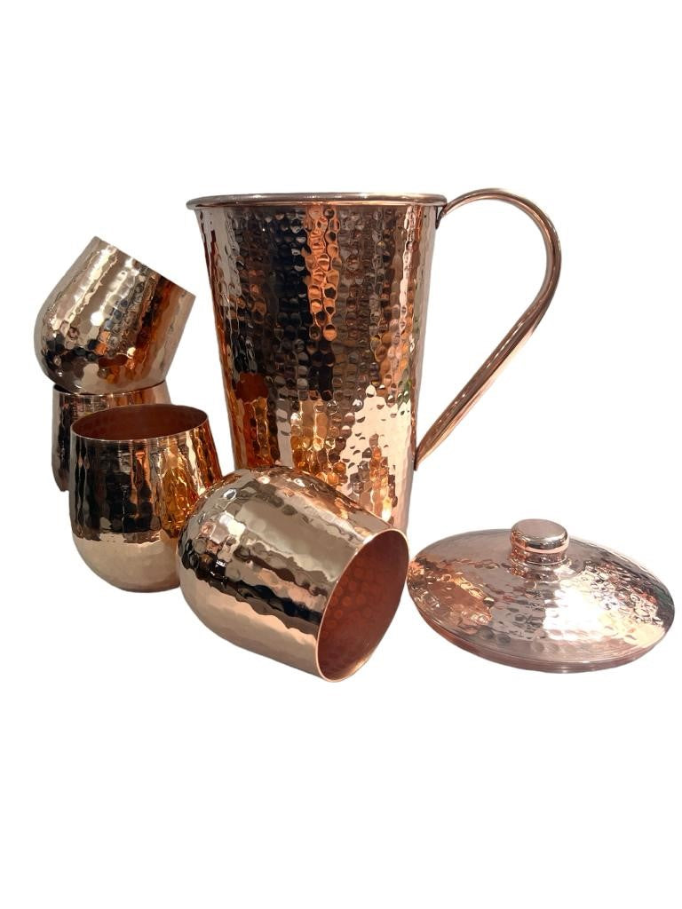 Set of One Copper Pitcher with Top and Four Tumblers, Hammered and Shiny Finish