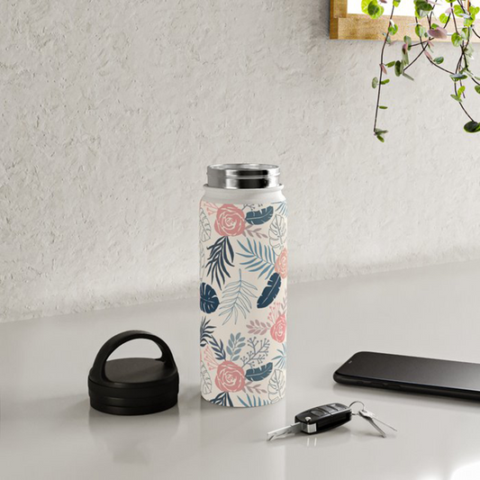 Blue & Blush Tropical Floral Handle Lid Water Bottle
